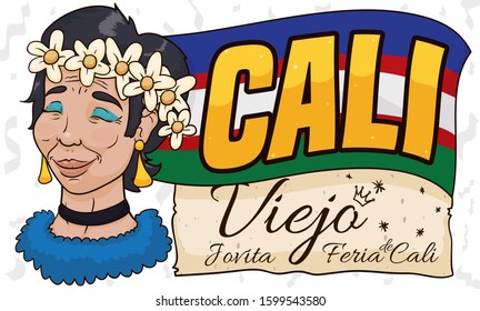 Beautiful, iconic character: Jovita, the emblem of "Cali Viejo" Carnival, wearing a flower crown, fancy earrings, scroll and flag of this city ready to celebrate "Feria de Cali" (written in Spanish).