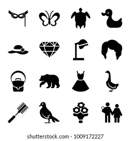 Beautiful icons. set of 16 editable filled beautiful icons such as bear, goose, salon hair dryer, woman hairstyle, couple with newborn, mask, bouquet flower