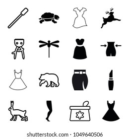 Beautiful icons. set of 16 editable filled and outline beautiful icons such as lipstick, slim, dress, dragonfly, bear, rabbit, nailfile, hair removal, make up bag, deer