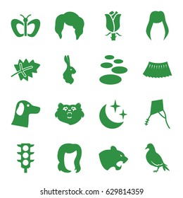 Beautiful icons set. set of 16 beautiful filled icons such as leaf, bear, dove, panther, rabbit, butterfly, woman hairstyle, hairstyle, skirt, rose, traffic light