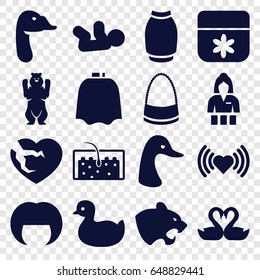 Beautiful icons set. set of 16 beautiful filled icons such as bear, panther, goose, duck, baby, hairdresser peignoir, woman hairstyle, flower, casino girl, heart, bag, skirt