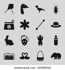 Beautiful icons set. set of 16 beautiful filled icons such as rabbit, bear, goose, beetle, lipstick, make up bag, flower, spa mask, cotton buds, bag, woman hat, swan heart