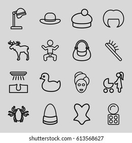 Beautiful icons set. set of 16 beautiful outline icons such as baby, moose, beetle, duck, salon hair dryer, hair removal, woman hairstyle, hair brush, eyeshadow palette