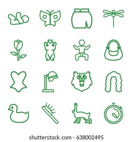 Beautiful icons set. set of 16 beautiful outline icons such as baby, bear, rabbit, rose, duck, salon hair dryer, hairstyle, hair brush, corset, bag, skirt, stopwatch