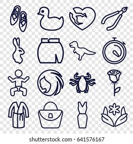 Beautiful icons set. set of 16 beautiful outline icons such as baby, beetle, rabbit, duck, woman hairstyle, woman in spa, woman bag, flower, dress, skirt, stopwatch