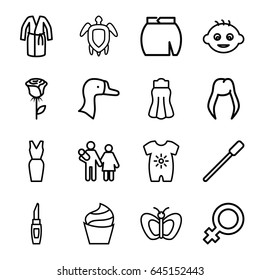 Beautiful icons set. set of 16 beautiful outline icons such as goose, baby, baby onesie, butterfly, woman hairstyle, female, nailfile, cream, lipstick, dress, skirt