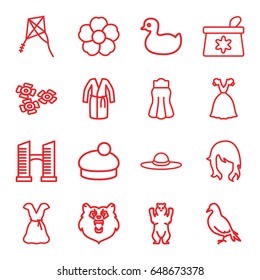 Beautiful icons set. set of 16 beautiful outline icons such as bear, dove, bridge, duck, woman hairstyle, make up bag, dress, skirt, woman hat, flower