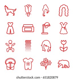 Beautiful icons set. set of 16 beautiful outline icons such as baby, bear, wolf, baby onesie, cream box, woman hairstyle, salon hair dryer, curly hair, hairstyle, bag, dress