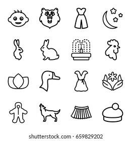 Beautiful icons set. set of 16 beautiful outline icons such as bear, rabbit, rooster, wolf, goose, baby, lotus, flower, skirt, dress, woman hat, fountain