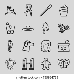 Beautiful icons set. set of 16 beautiful outline icons such as deer, bridge, baby, nailfile, hair removal, woman hairstyle, hairstyle, cream, make up bag, tights, woman hat