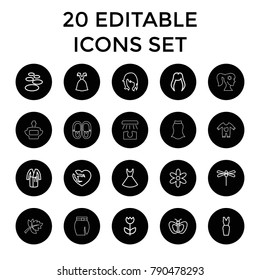 Beautiful icons. set of 20 editable outline beautiful icons such as butterfly, woman hairstyle, flower, dress, spa stone. best quality beautiful elements in trendy style.