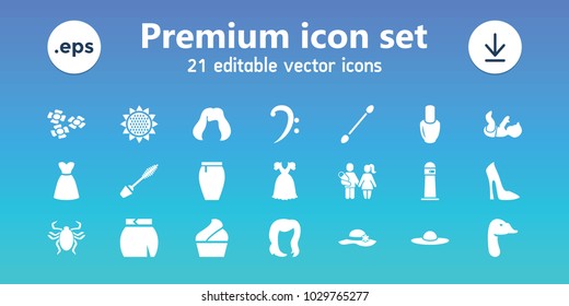 Beautiful icons. set of 21 editable filled beautiful icons includes goose, nail polish, hairstyle, mascara, woman shoe, cotton buds, skirt, dress, woman hat, bass clef, flower