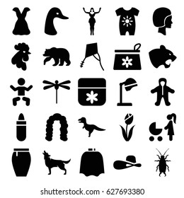 Beautiful icons set. set of 25 beautiful filled icons such as bear, panther, goose, rooster, wolf, beetle, baby, baby onesie, salon hair dryer, hairdresser peignoir, hairstyle