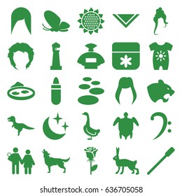 Beautiful icons set. set of 25 beautiful filled icons such as sunflower, panther, goose, butterfly, wolf, rabbit, lighthouse, baby onesie, woman hairstyle, perfume, nailfile