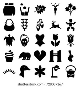Beautiful icons set. set of 25 beautiful filled icons such as goose, leaf, bear, deer, rabbit, baby, bridge, salon hair dryer, cream, flower, spa mask, eyelashes, corset, bag