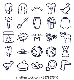 Beautiful icons set. set of 25 beautiful outline icons such as moose, antelope, goose, leaf, baby onesie, baby, woman hairstyle, female, hairdresser peignoir, hairstyle