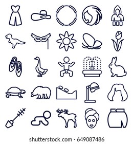 Beautiful icons set. set of 25 beautiful outline icons such as baby, moose, rabbit, bear, goose, butterfly, turtle, woman hairstyle, salon hair dryer, mascara, spa stone