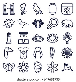 Beautiful icons set. set of 25 beautiful outline icons such as bear, dove, deer, beetle, goose, leaf, sunflower, lighthouse, bridge, baby onesie, woman hairstyle, female