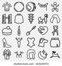Beautiful icons set. set of 25 beautiful outline icons such as baby, deer, bridge, woman hairstyle, hairdresser peignoir, hair removal, hairstyle, mascara, woman shoe