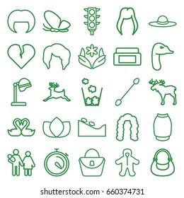 Beautiful icons set. set of 25 beautiful outline icons such as moose, butterfly, deer, goose, baby, woman hairstyle, cream box, salon hair dryer, hairstyle, lotus, woman bag