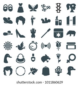 Beautiful icons. set of 36 editable filled beautiful icons such as goose, baby shoes, baby, female, nailfile, woman hairstyle, flower, casino girl, dress, woman hat, rose