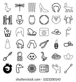 Beautiful icons. set of 36 editable outline beautiful icons such as sunflower, goose, butterfly, bridge, baby, woman hairstyle, woman in spa, mascara, eyeshadow palette