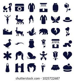 Beautiful icons. set of 36 editable filled beautiful icons such as baby, bear, butterfly, rabbit, goose, bridge, hair removal, spa stone, flower, dress, woman hat