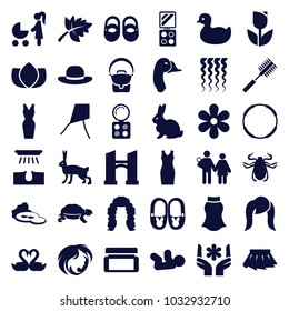 Beautiful icons. set of 36 editable filled beautiful icons such as rabbit, beetle, turtle, bridge, duck, baby shoes, baby, hair removal, lotus, eyeshadow palette, dress