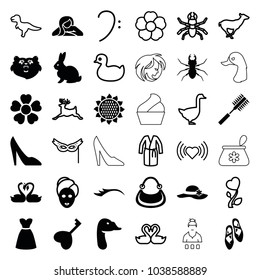 Beautiful icons. set of 36 editable filled and outline beautiful icons such as sunflower, bear, rabbit, goose, beetle, spa mask, dress, ballet shoes, antelope, deer, duck