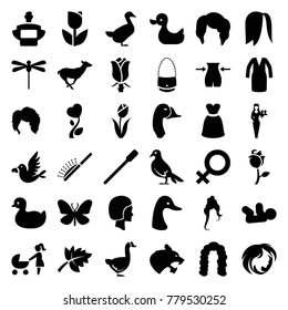 Beautiful icons. set of 36 editable filled beautiful icons such as goose, antelope, butterfly, duck, baby, nailfile, hairstyle, woman hairstyle, slim, casino girl, dress