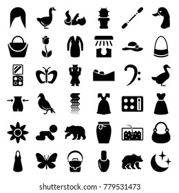 Beautiful icons. set of 36 editable filled beautiful icons such as bear, dove, butterfly, goose, nail polish, curly hair, woman hairstyle, woman bag, slim, dress, bag