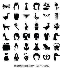 Beautiful icons set. set of 36 beautiful filled icons such as goose, butterfly, wolf, rabbit, lighthouse, woman hairstyle, curly hair, hairstyle