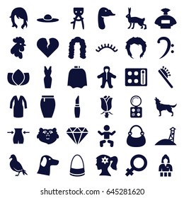 Beautiful icons set. set of 36 beautiful filled icons such as bear, dove, rooster, wolf, rabbit, goose, baby, female, perfume, woman hairstyle, hairdresser peignoir