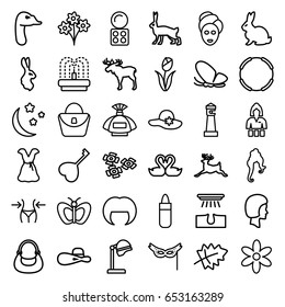 Beautiful icons set. set of 36 beautiful outline icons such as moose, rabbit, butterfly, deer, goose, leaf, lighthouse, perfume, salon hair dryer, hair removal