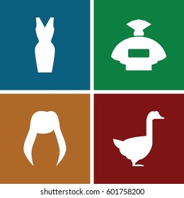 beautiful icons set. Set of 4 beautiful filled icons such as goose, woman hairstyle, perfume