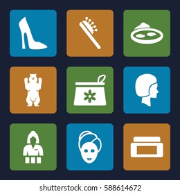 beautiful icons set. Set of 9 beautiful filled icons such as bear, cream box, make up bag, hair brush, woman shoe, spa mask, Casino girl, pond
