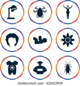 Beautiful icons set. set of 9 beautiful filled icons such as beetle, baby onesie, baby, perfume, salon hair dryer, hairstyle, dancing woman