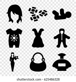 Beautiful icons set. set of 9 beautiful filled icons such as baby onesie, baby, perfume, woman hairstyle, Casino girl, bag, dress