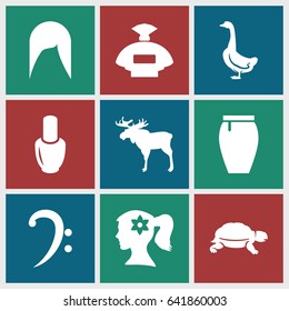 Beautiful icons set. set of 9 beautiful filled icons such as moose, goose, turtle, nail polish, perfume, woman hairstyle, woman face with flower in hair, skirt