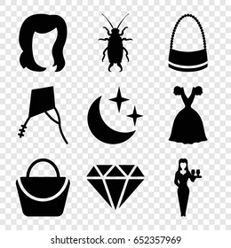 Beautiful icons set. set of 9 beautiful filled icons such as beetle, hairstyle, woman bag, diamond, casino girl, bag, dress, moon and stars