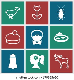 Beautiful icons set. set of 9 beautiful filled and outline icons such as beetle, woman face with flower in hair, bag, skirt, pond, moose, antelope, woman hat