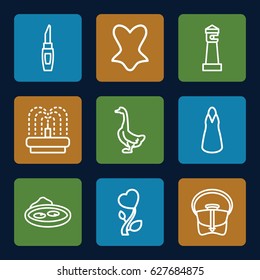 Beautiful icons set. set of 9 beautiful outline icons such as goose, lighthouse, lipstick, corset, dress, bag, pond, fountain