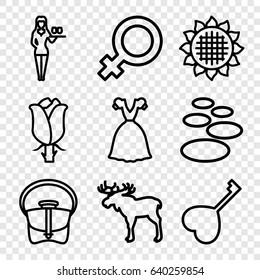 Beautiful icons set. set of 9 beautiful outline icons such as moose, sunflower, female, casino girl, bag, dress, rose, heart key