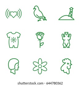 Beautiful icons set. set of 9 beautiful outline icons such as dove, bear, rooster, baby onesie, flower, heart, face, observation military tower