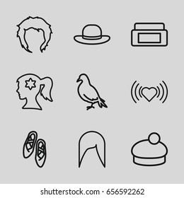 Beautiful icons set. set of 9 beautiful outline icons such as dove, cream box, woman hairstyle, woman face with flower in hair, hairstyle, heart, woman hat