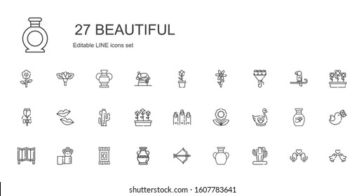 beautiful icons set. Collection of beautiful with cactus, vase, artemis, makeup remover wipes, flowers, room divider, swan, flower, nails. Editable and scalable beautiful icons.