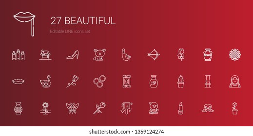 beautiful icons set. Collection of beautiful with lipstick, parrot, hand mirror, rose, butterfly, flower, vase, cactus, makeup remover wipes. Editable and scalable beautiful icons.