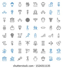beautiful icons set. Collection of beautiful with nest, parrot, vase, rose, flower, tulips, flowers, cactus, olympus, petals, dove, makeup remover wipes. Editable and scalable beautiful icons.