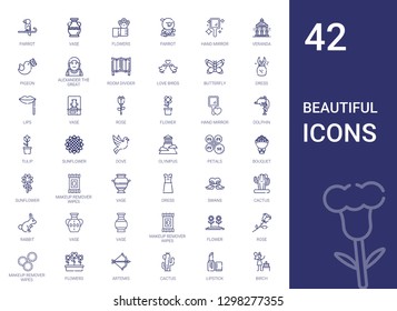 beautiful icons set. Collection of beautiful with parrot, vase, flowers, hand mirror, veranda, pigeon, alexander the great, room divider. Editable and scalable beautiful icons.