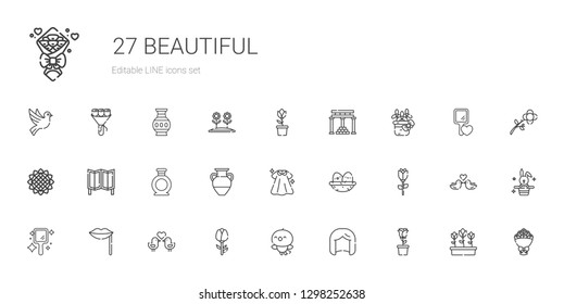 beautiful icons set. Collection of beautiful with rose, wig, bird, love birds, lips, hand mirror, nest, dress, vase, room divider, sunflower. Editable and scalable beautiful icons.